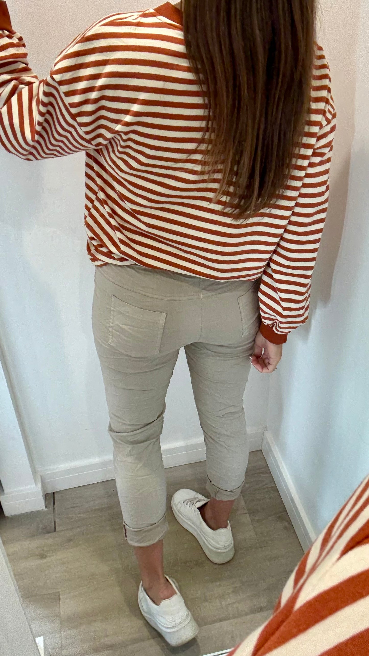 RUST AND CREAM STRIPE CREW SWEAT TOP