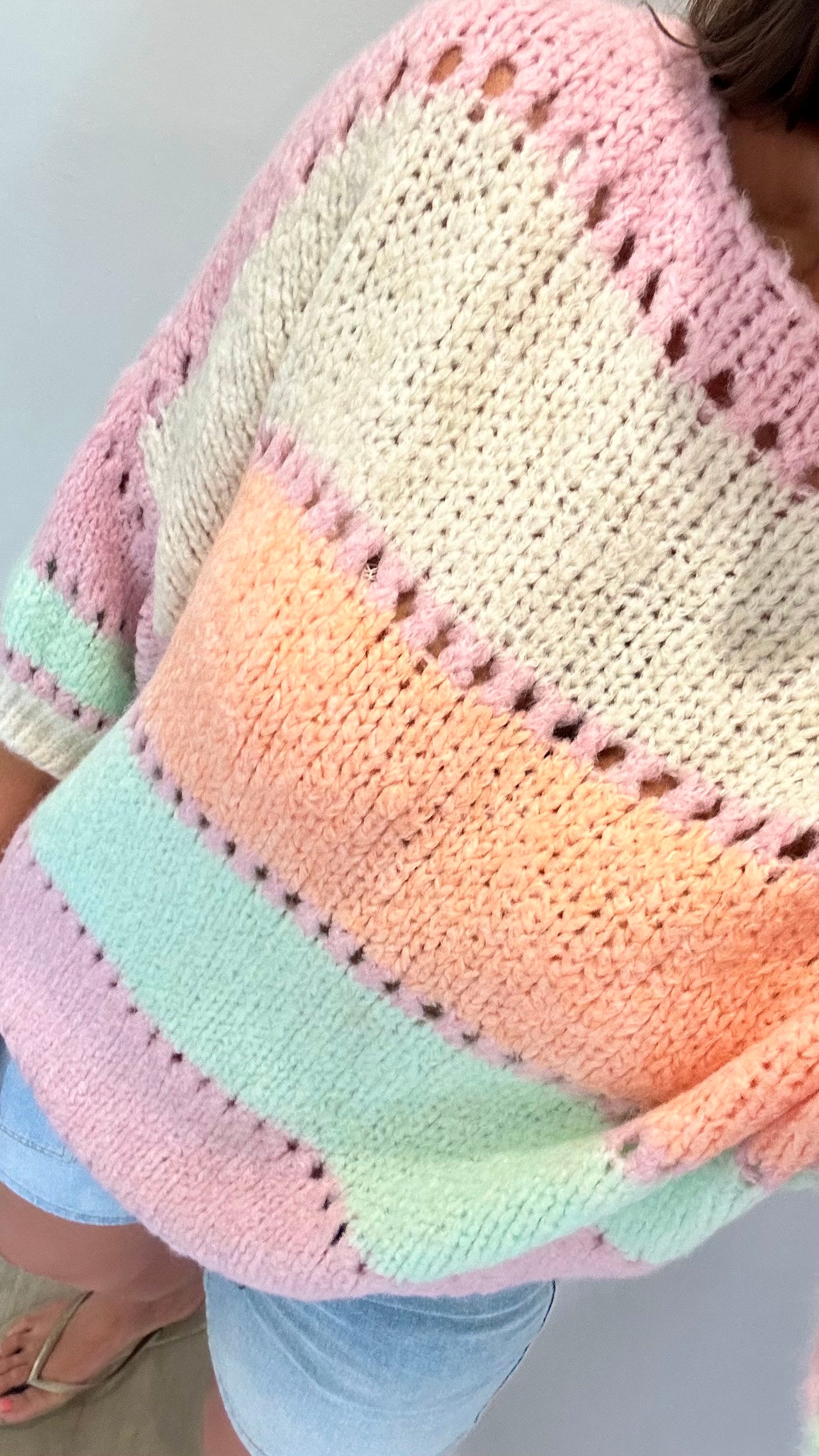 PASTEL COLOUR BLOCK CROCHET STYLE KNIT JUMPER