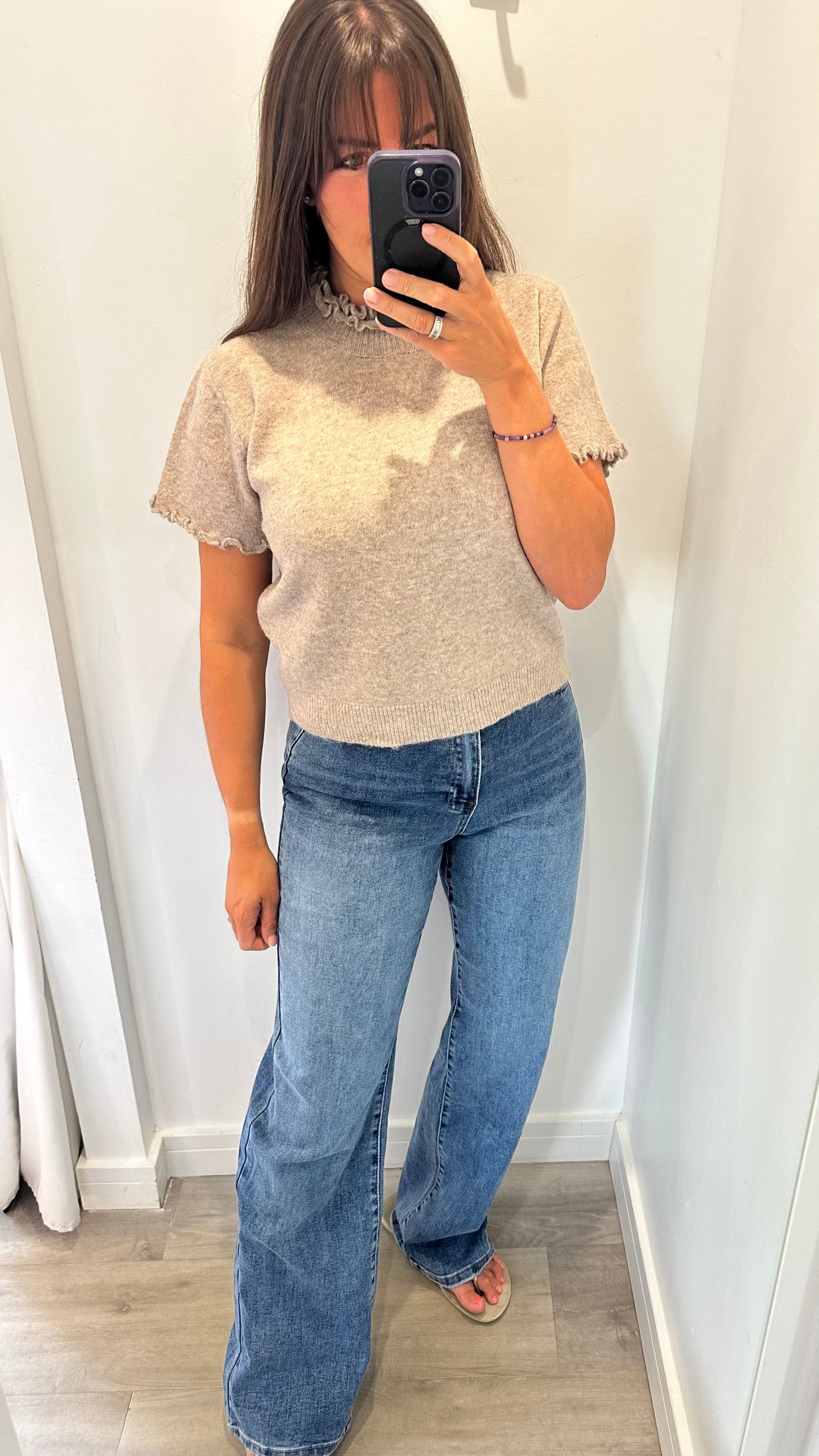 MOCHA FRILL DETAIL SHORT SLEEVE KNIT JUMPER