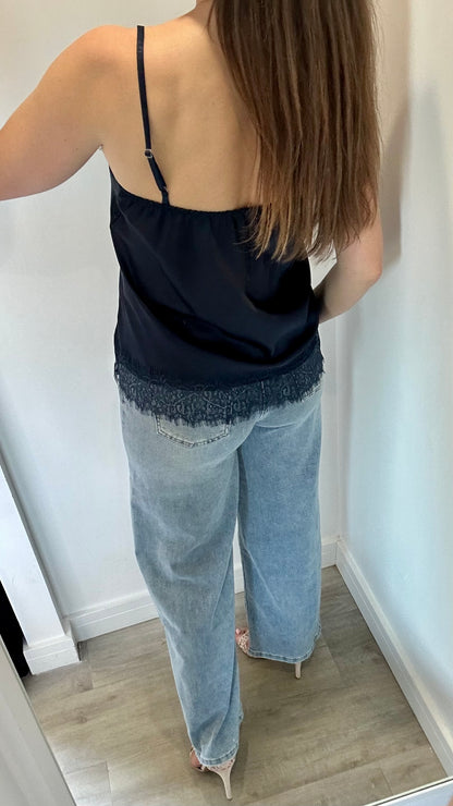 MIDNIGHT BLUE LACE DETAIL SILK CAMI TOP