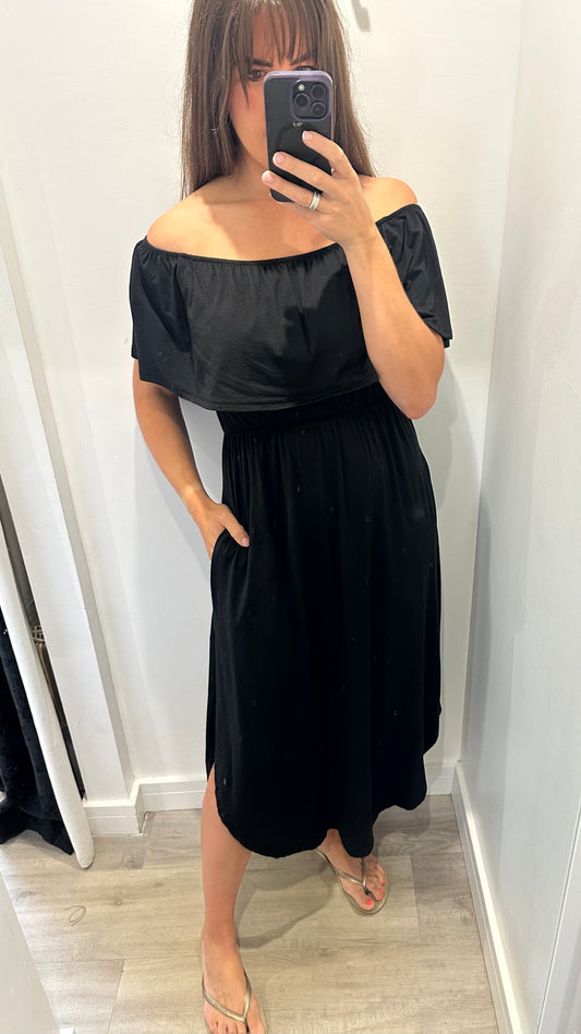 BLACK JERSEY BARDOT MIDI DRESS