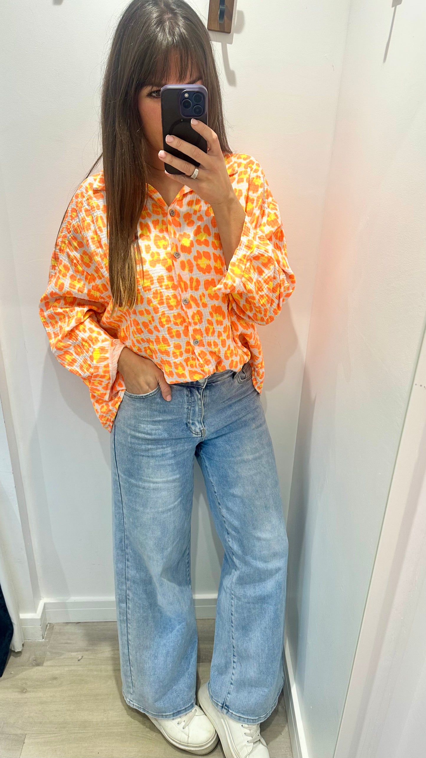 ORANGE, YELLOW, AND WHITE NEON LEOPARD CHESSECLOTH SHIRT