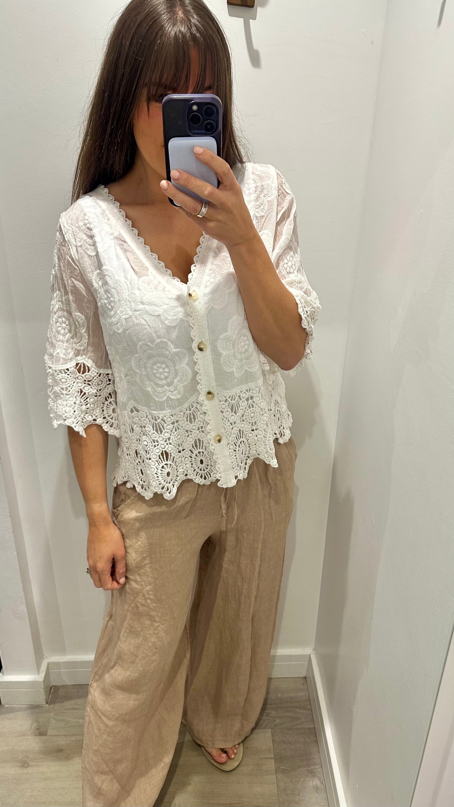 WHITE FLORAL APPLIQUE V NECK TOP