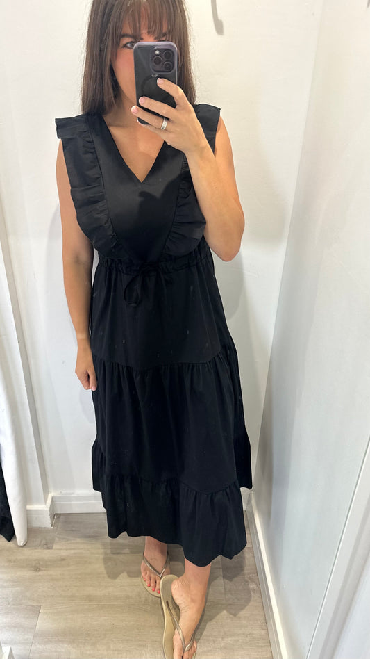 BLACK JET TIERED COTTON MAXI DRESS