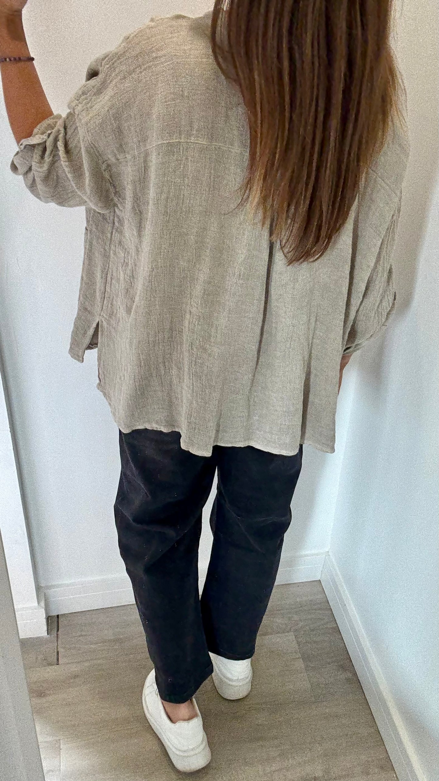 STONE LINEN MIX V NECK TEABAG TOP