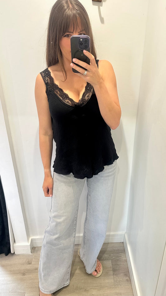 BLACK CHEESECLOTH LACE-TRIM CAMI VEST TOP