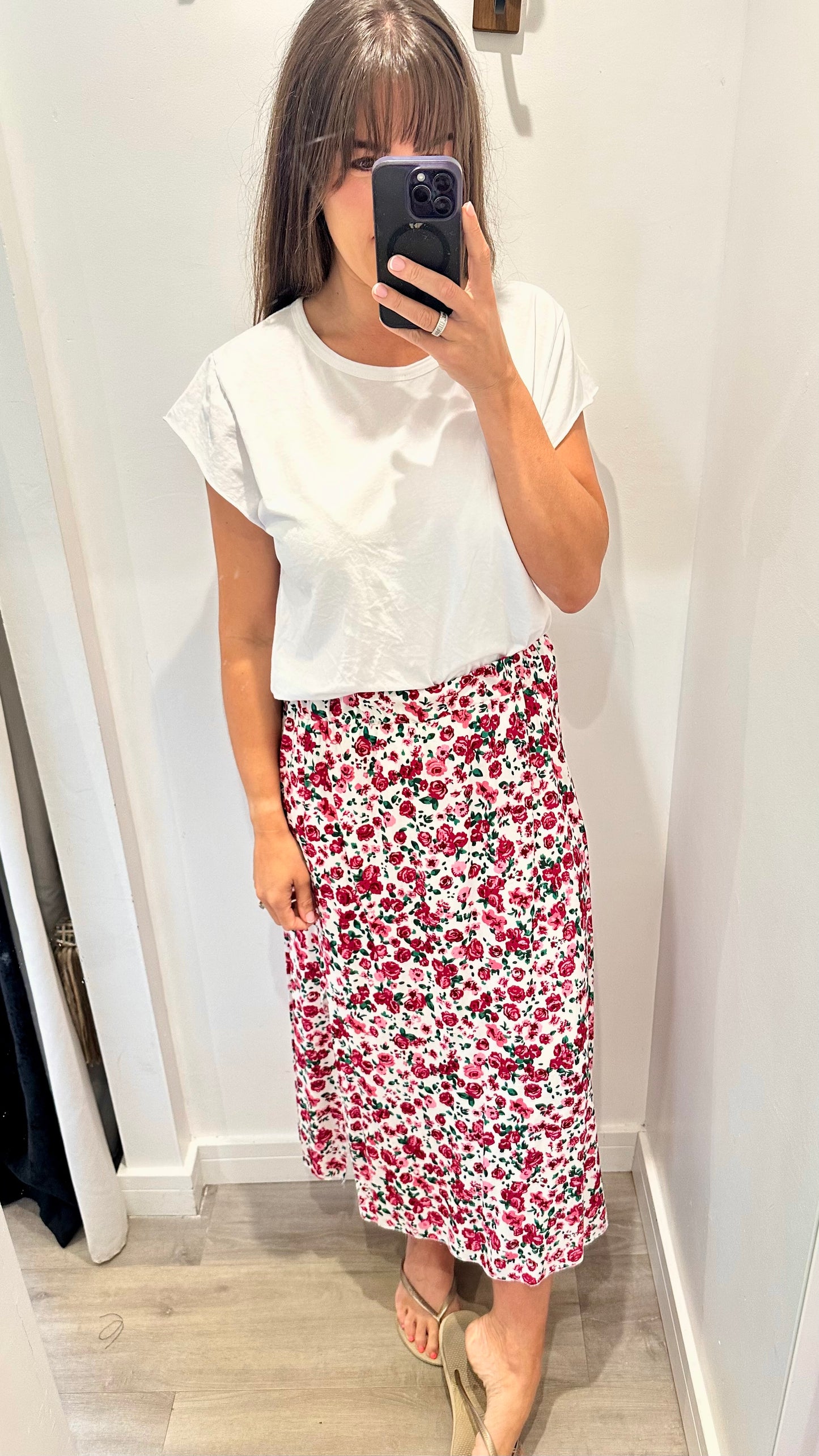 FLORAL PRINT MIDI SKIRT - WHITE WITH GREEN AND PINK