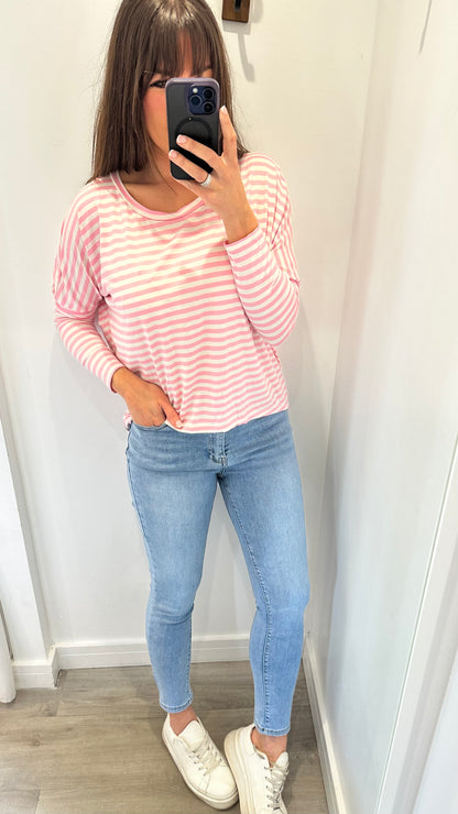 PINK AND WHITE BRETON STRIPE BATWING TOP