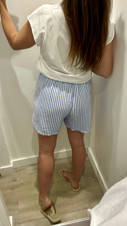 BLUE AND WHITE STRIPE CHEESECLOTH SHORTS