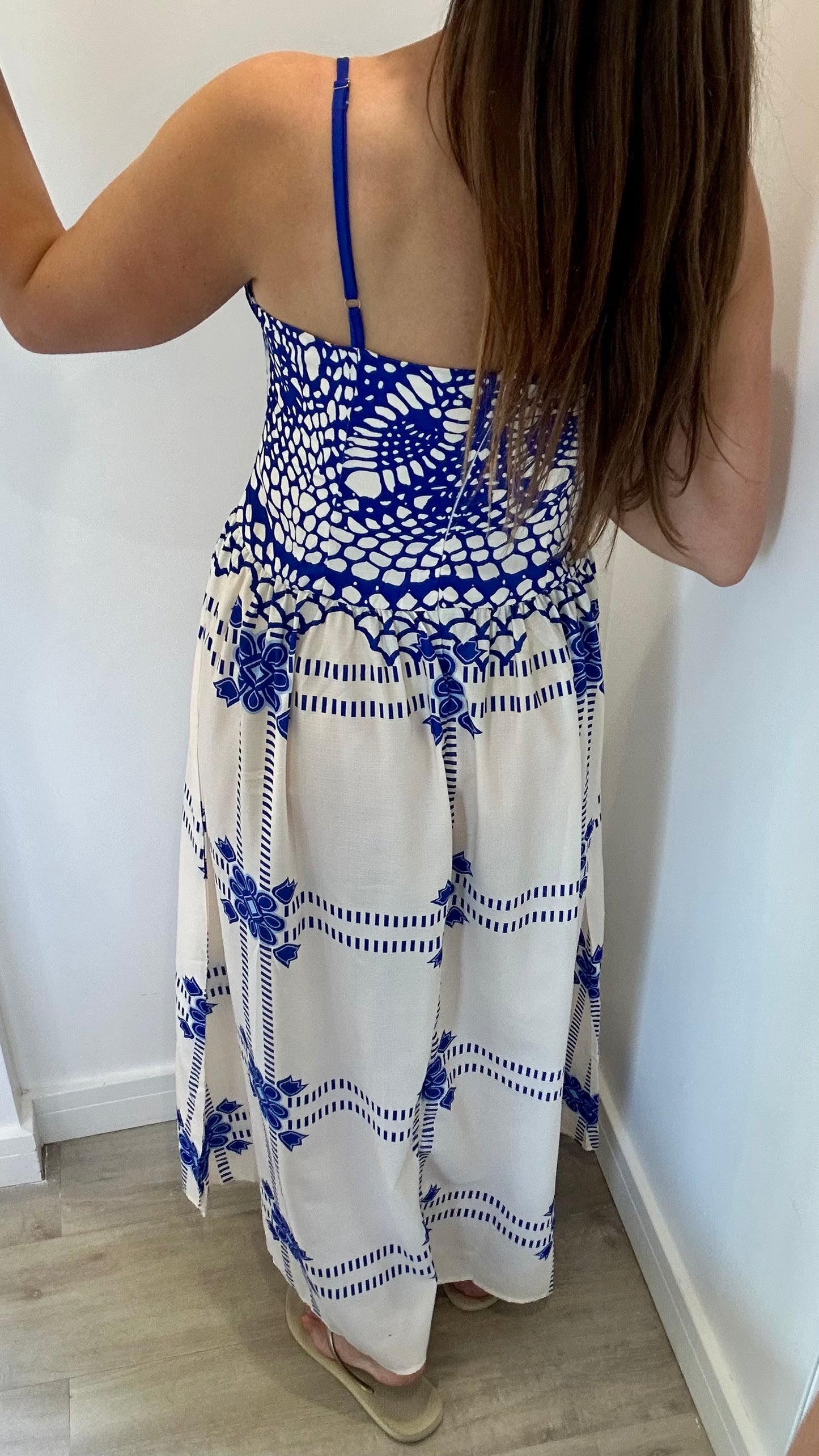 ROYAL BLUE AND WHITE EMBROIDERED MAXI DRESS WITH FITTED BODICE