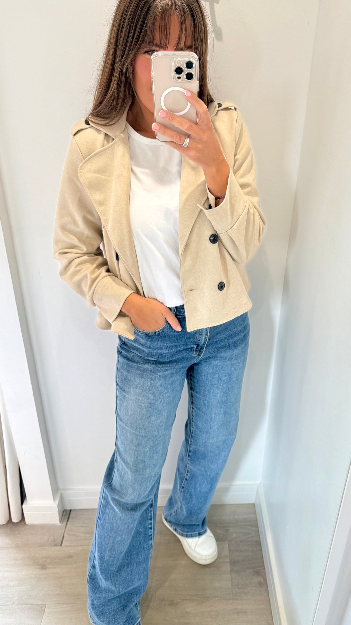 STONE SUEDE-EFFECT BUTTONED JACKET