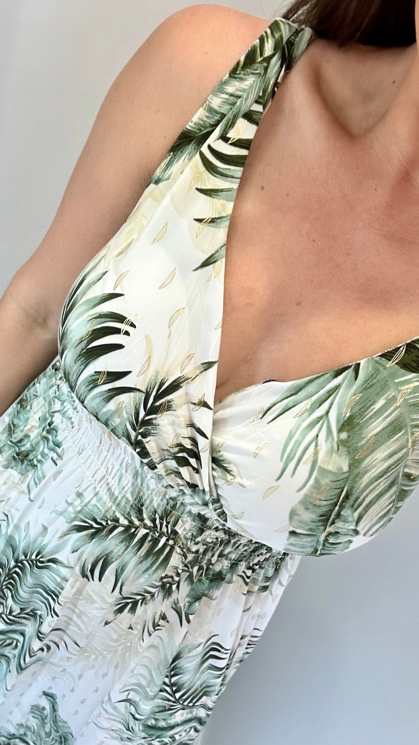 KHAKI PALM PRINT MAXI DRESS
