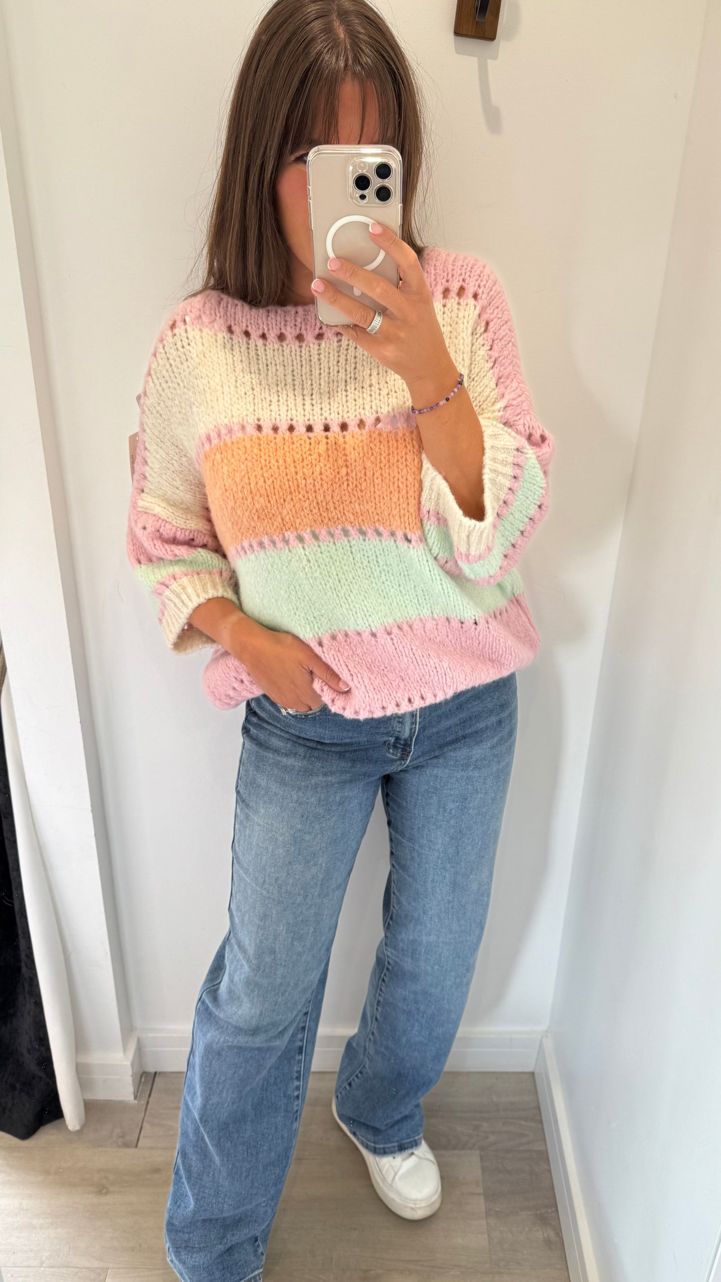 PASTEL COLOUR BLOCK CROCHET STYLE KNIT JUMPER