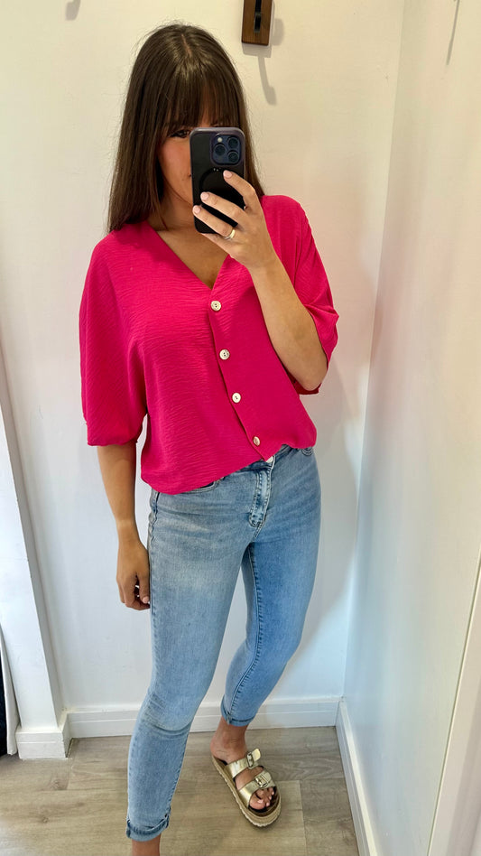 BRIGHT PINK FLOATY SLEEVE BUTTON TOP