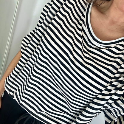 BLACK AND WHITE STRIPED BATWING PLEATED SHOULDER TOP