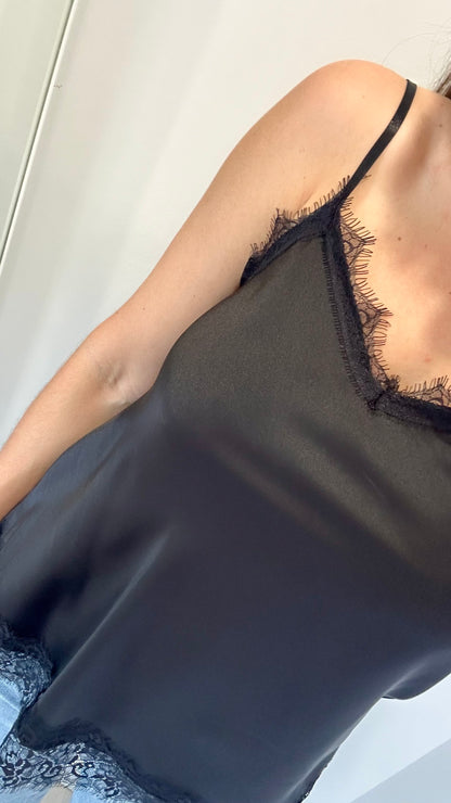BLACK LACE DETAIL SILK CAMI TOP