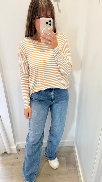 SAND AND WHITE BRETON STRIPE BATWING TOP