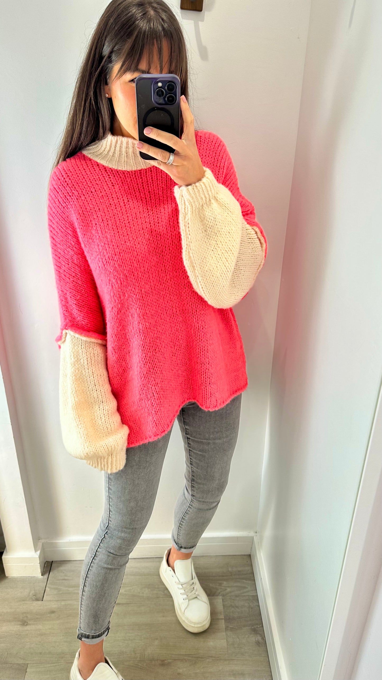 CORAL AND CREAM TWO TONE KNIT JUMPER