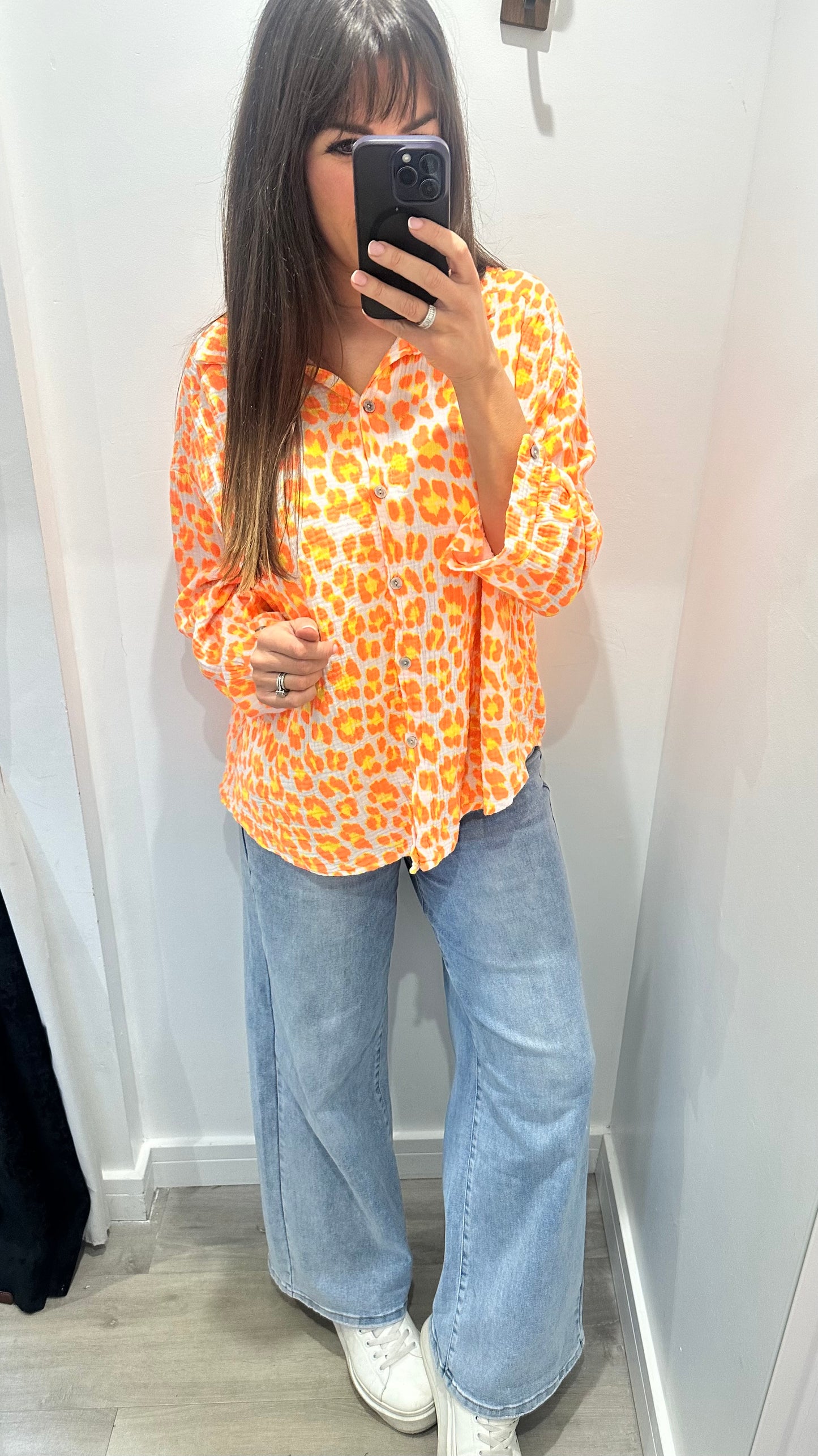 ORANGE, YELLOW, AND WHITE NEON LEOPARD CHESSECLOTH SHIRT