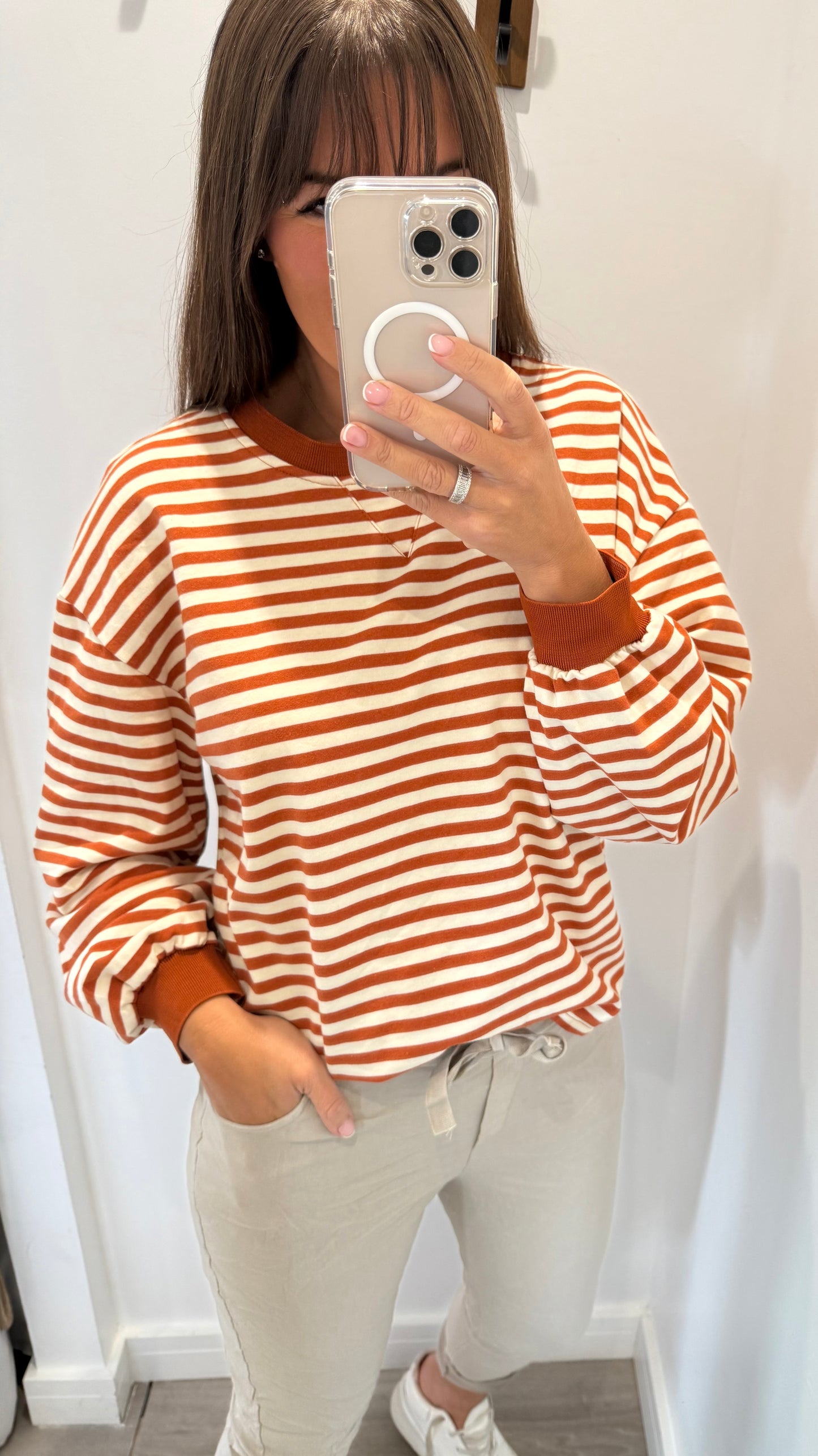 RUST AND CREAM STRIPE CREW SWEAT TOP