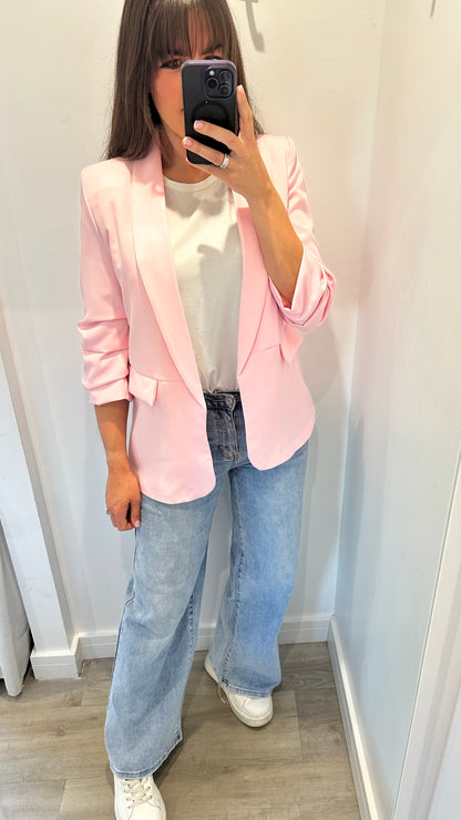 BABY PINK RUCHED SLEEVE BLAZER