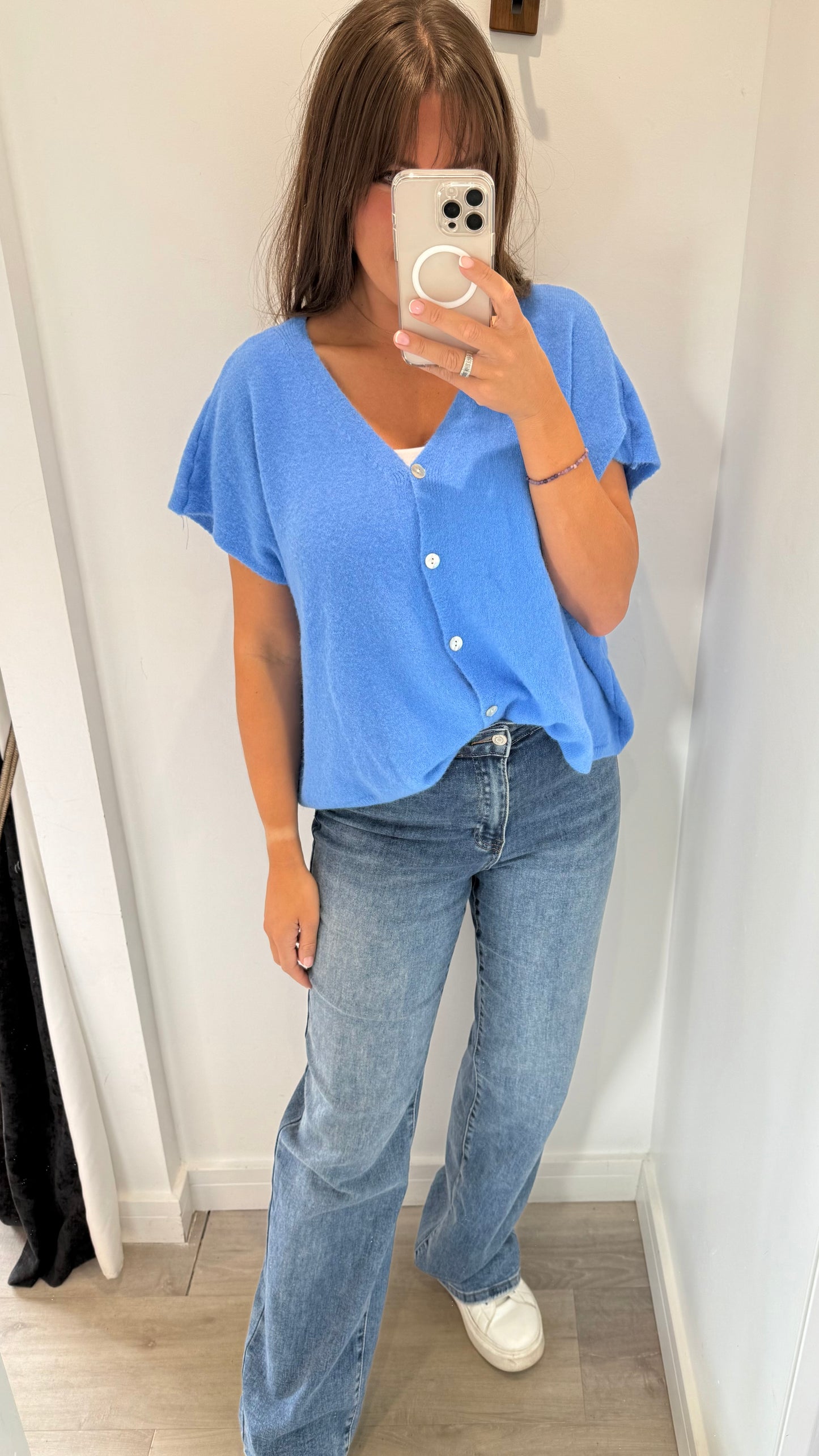 BLUE DEEP V BOXY SLEEVELESS CARDIGAN