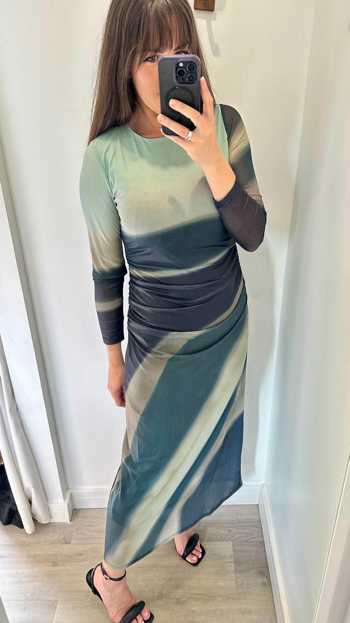 LONG SLEEVE TIE DYE MESH MIDI DRESS