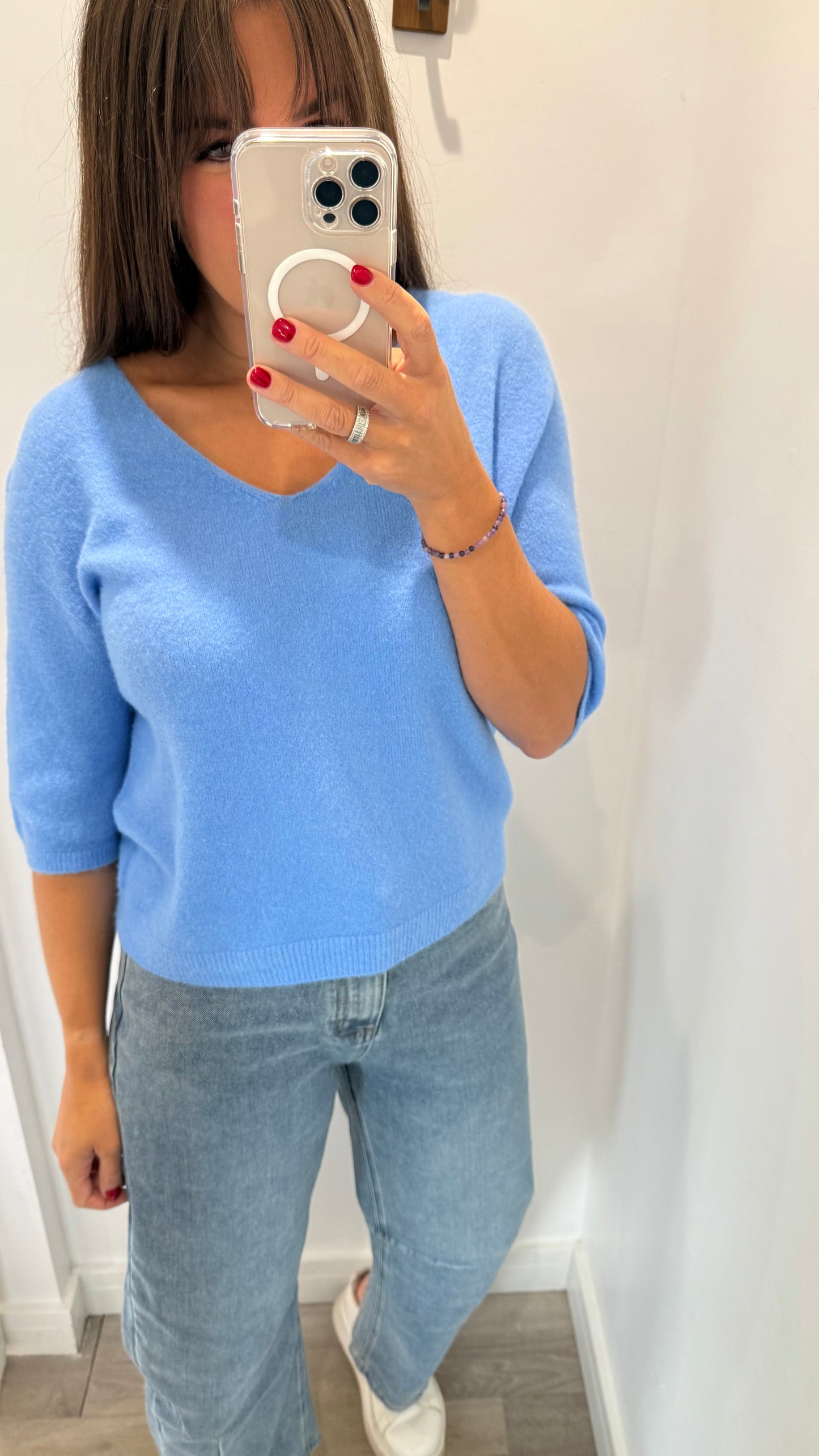 CORNFLOUR BLUE V-NECK ELBOW SLEEVE KNIT