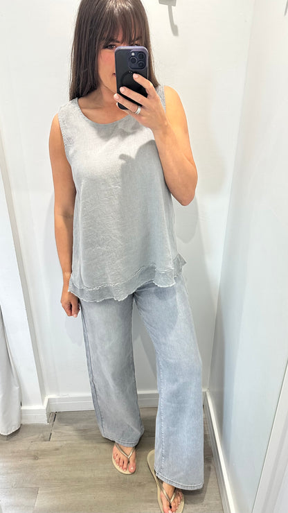 PALE GREY SLEEVELESS LINEN MIX TOP