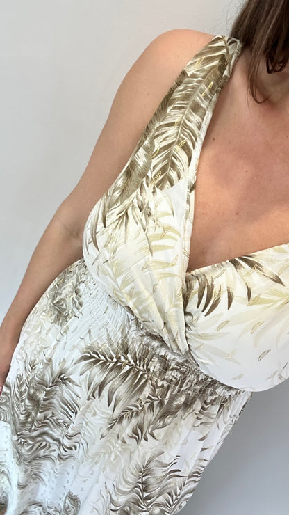 NUDE AND BROWN PALM PRINT MAXI DRESS