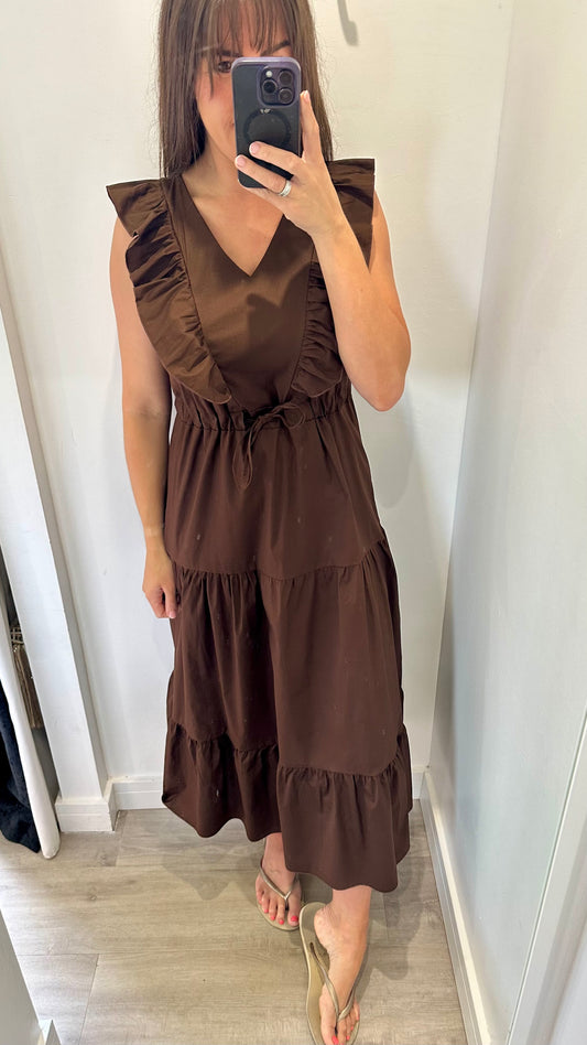 BROWN JET TIERED COTTON MAXI DRESS