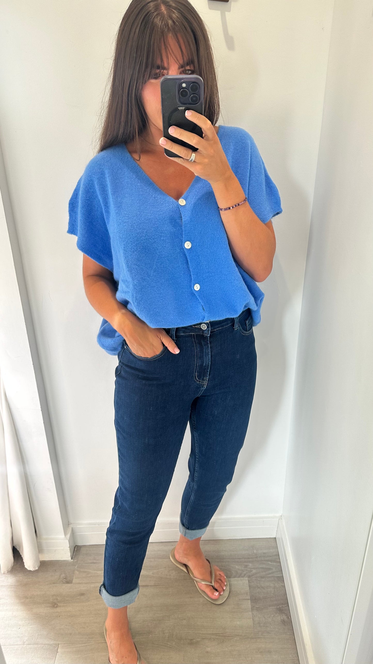 BLUE DEEP V BOXY SLEEVELESS CARDIGAN