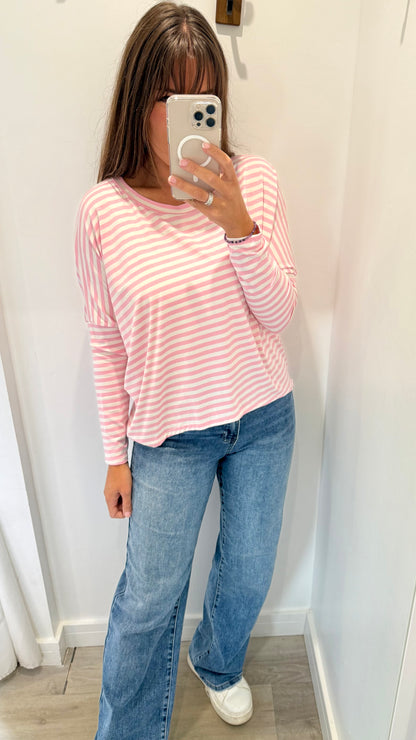 PINK AND WHITE BRETON STRIPE BATWING TOP