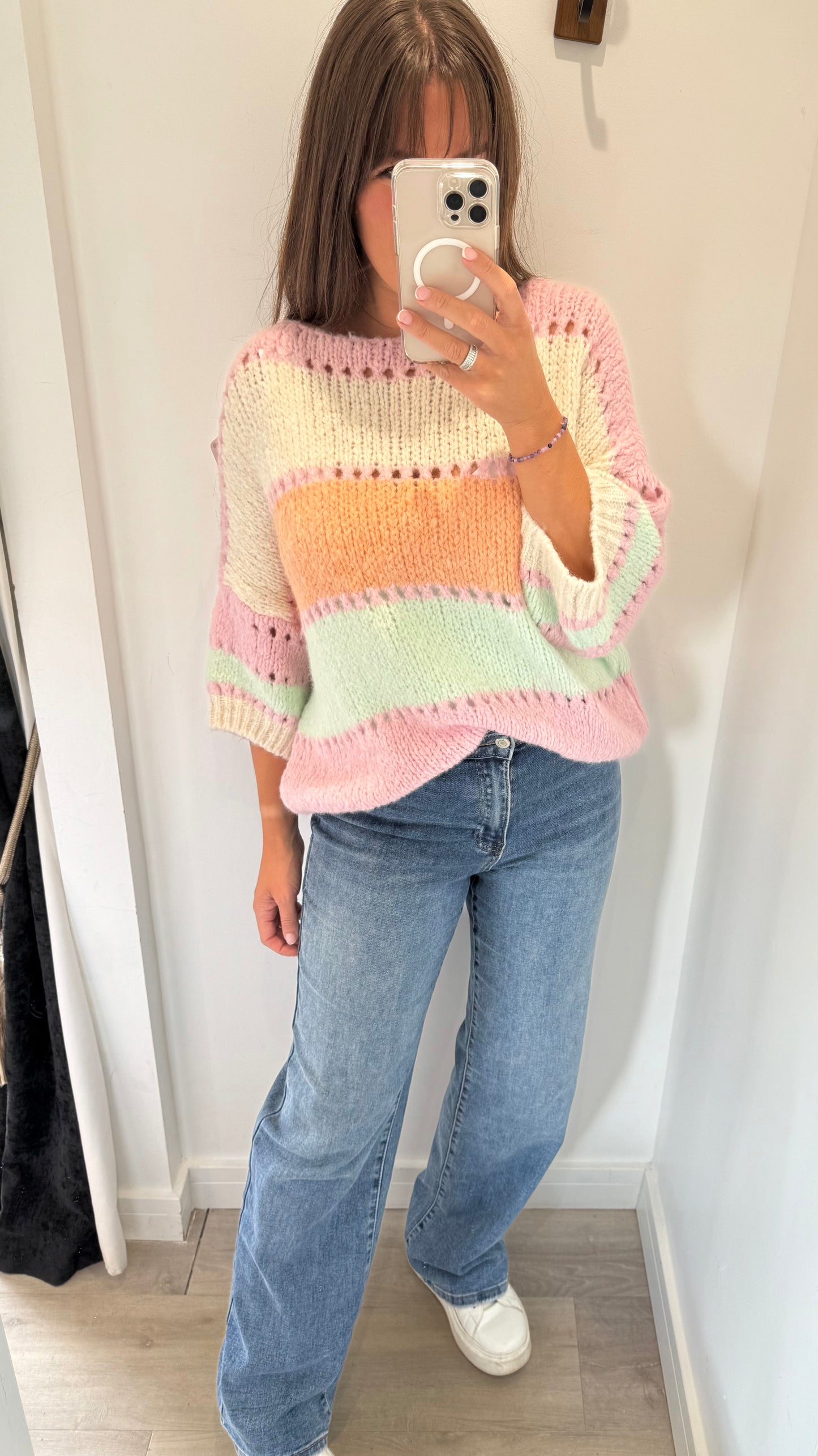 PASTEL COLOUR BLOCK CROCHET STYLE KNIT JUMPER