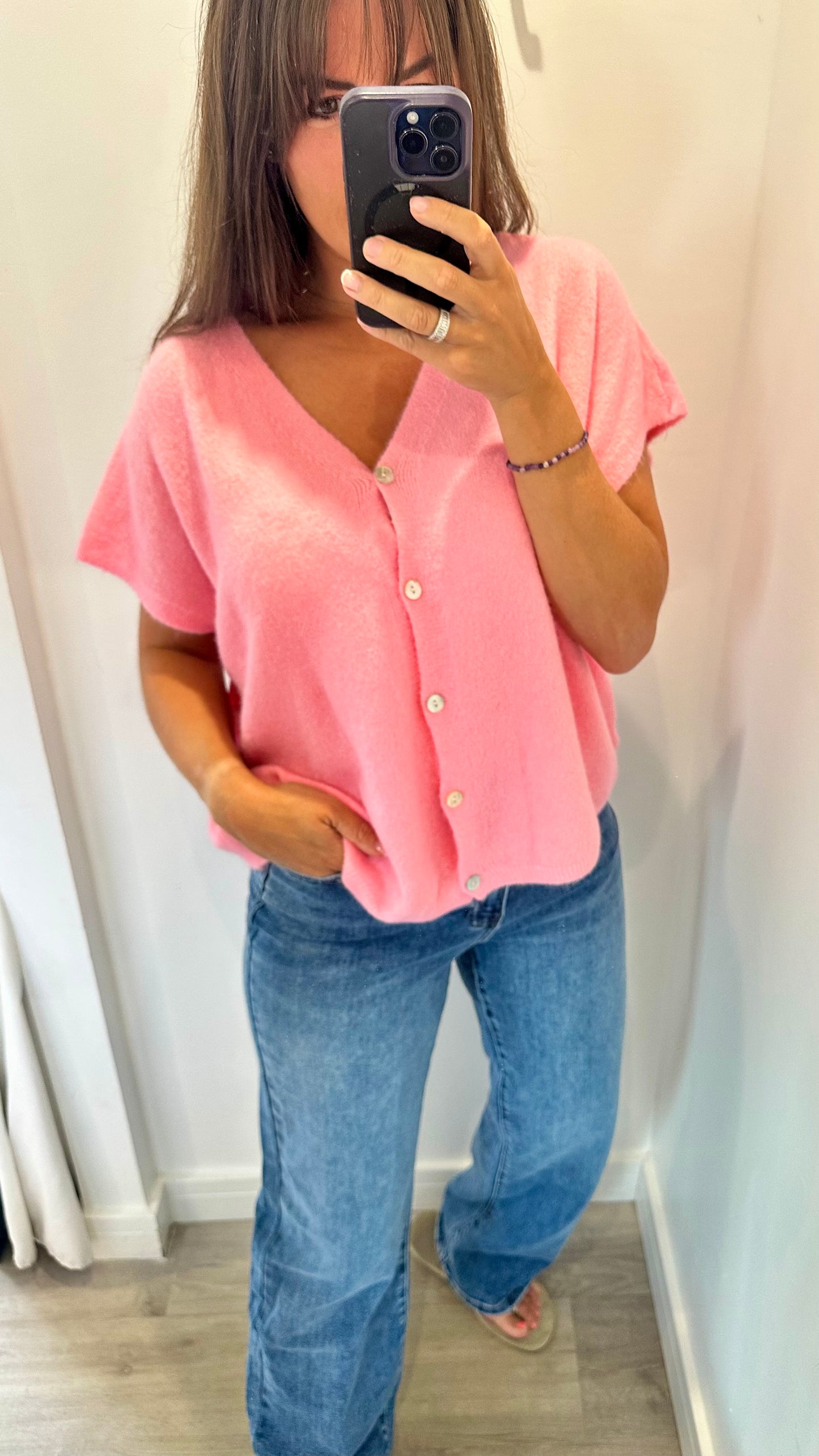 PINK DEEP V BOXY SLEEVELESS CARDIGAN