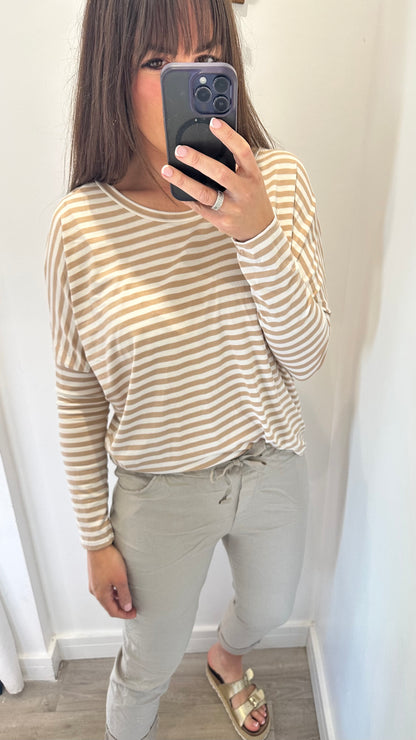 SAND AND WHITE BRETON STRIPE BATWING TOP