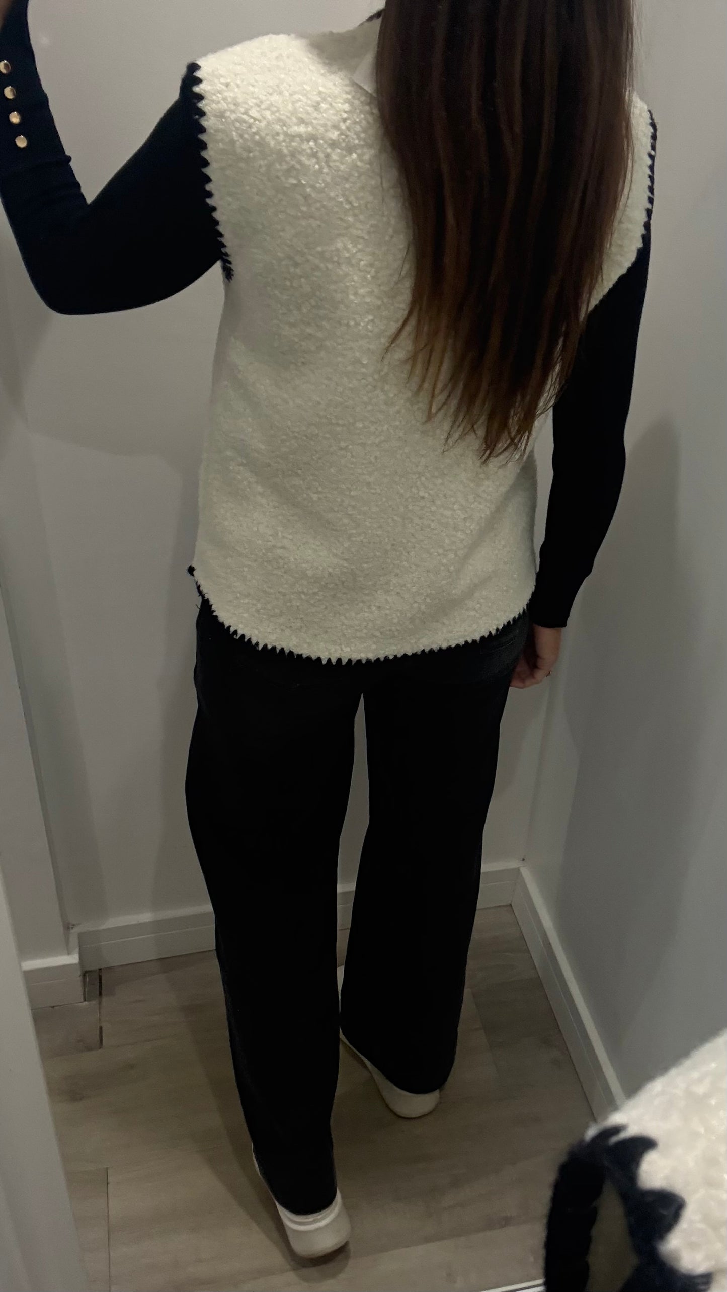 CREAM BOUCLE SLEEVELESS GILET WITH BLACK EDGING