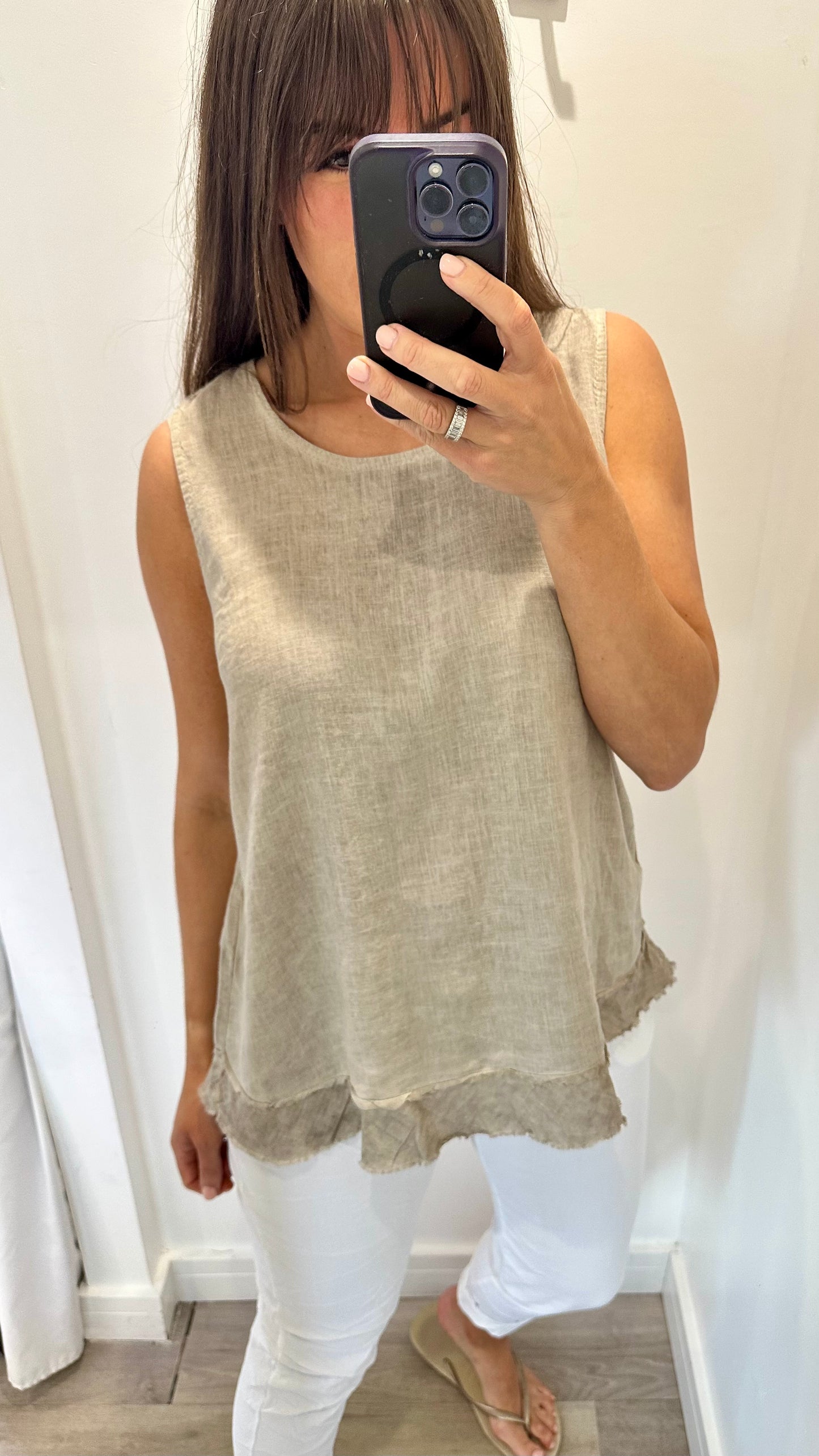 SAND SLEEVELESS LINEN MIX TOP