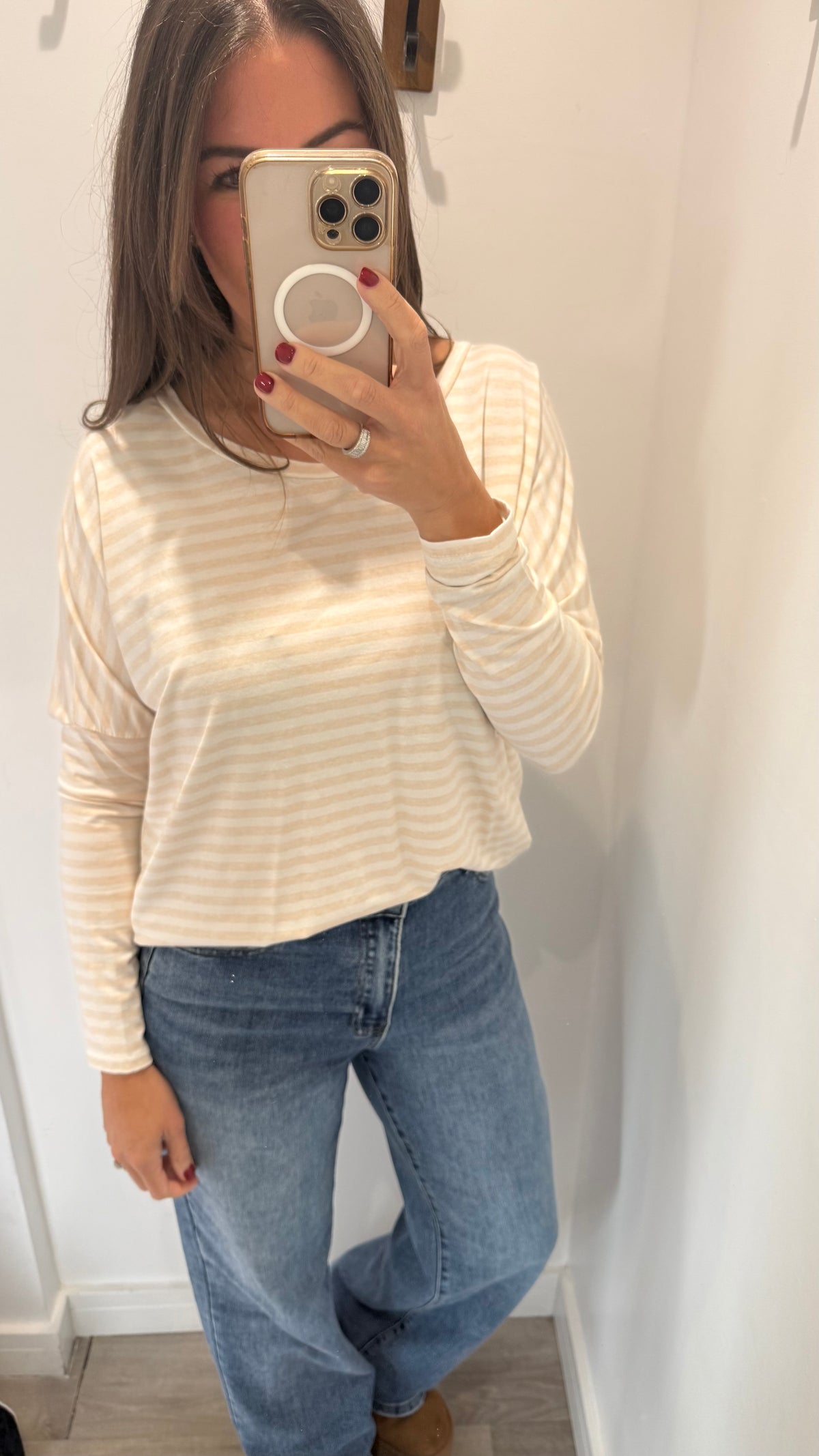 APRICOT AND WHITE BRETON STRIPE BATWING TOP