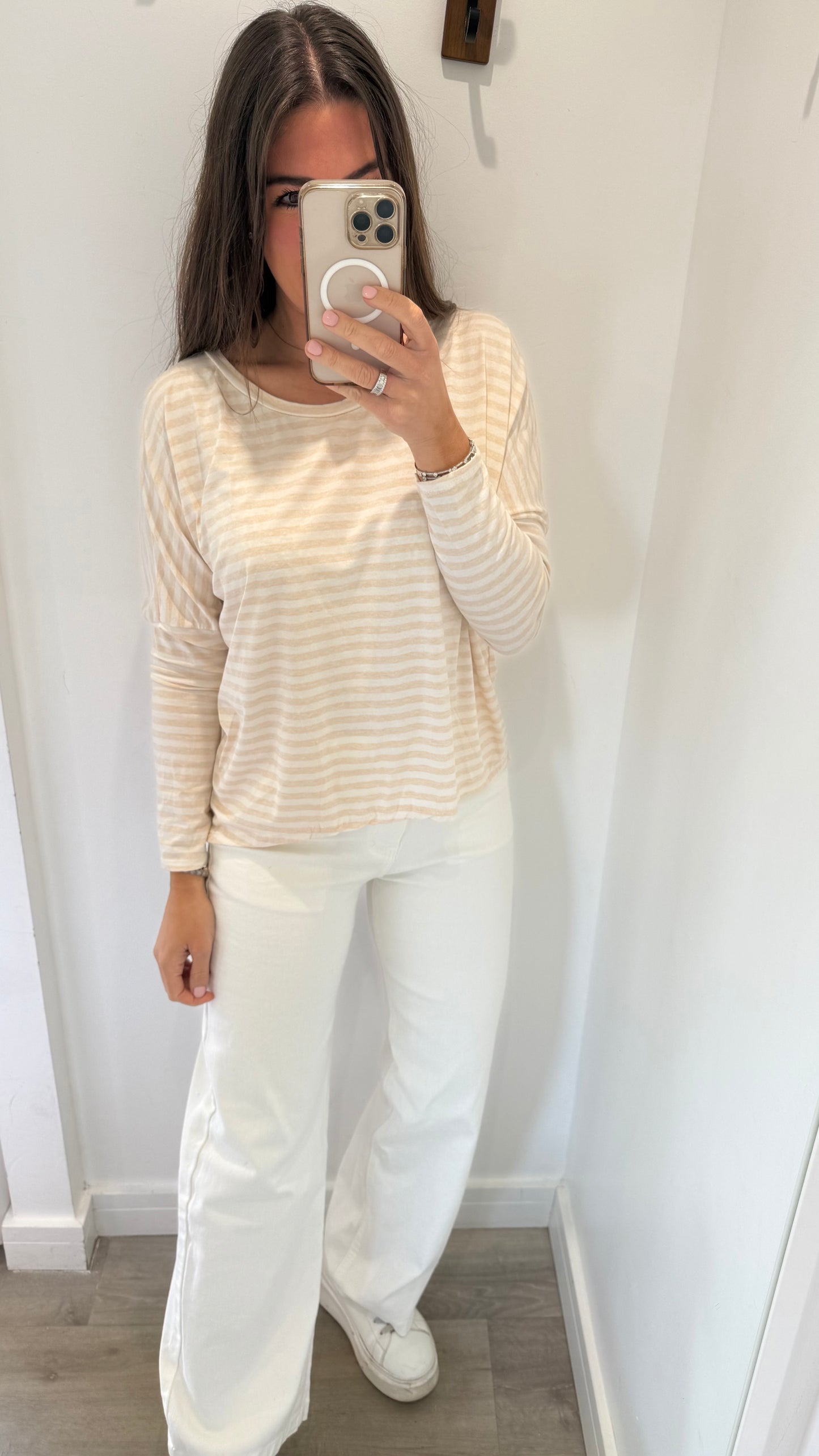 APRICOT AND WHITE BRETON STRIPE BATWING TOP