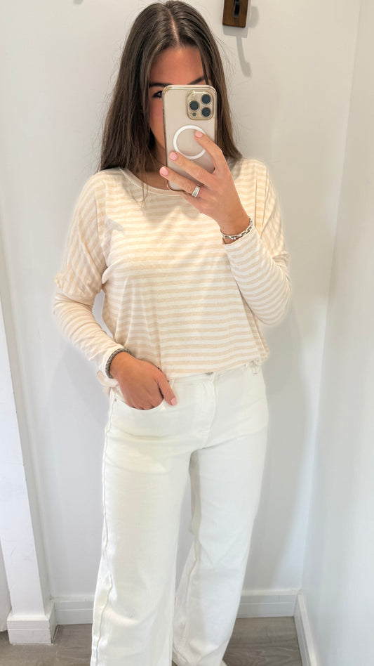 APRICOT AND WHITE BRETON STRIPE BATWING TOP