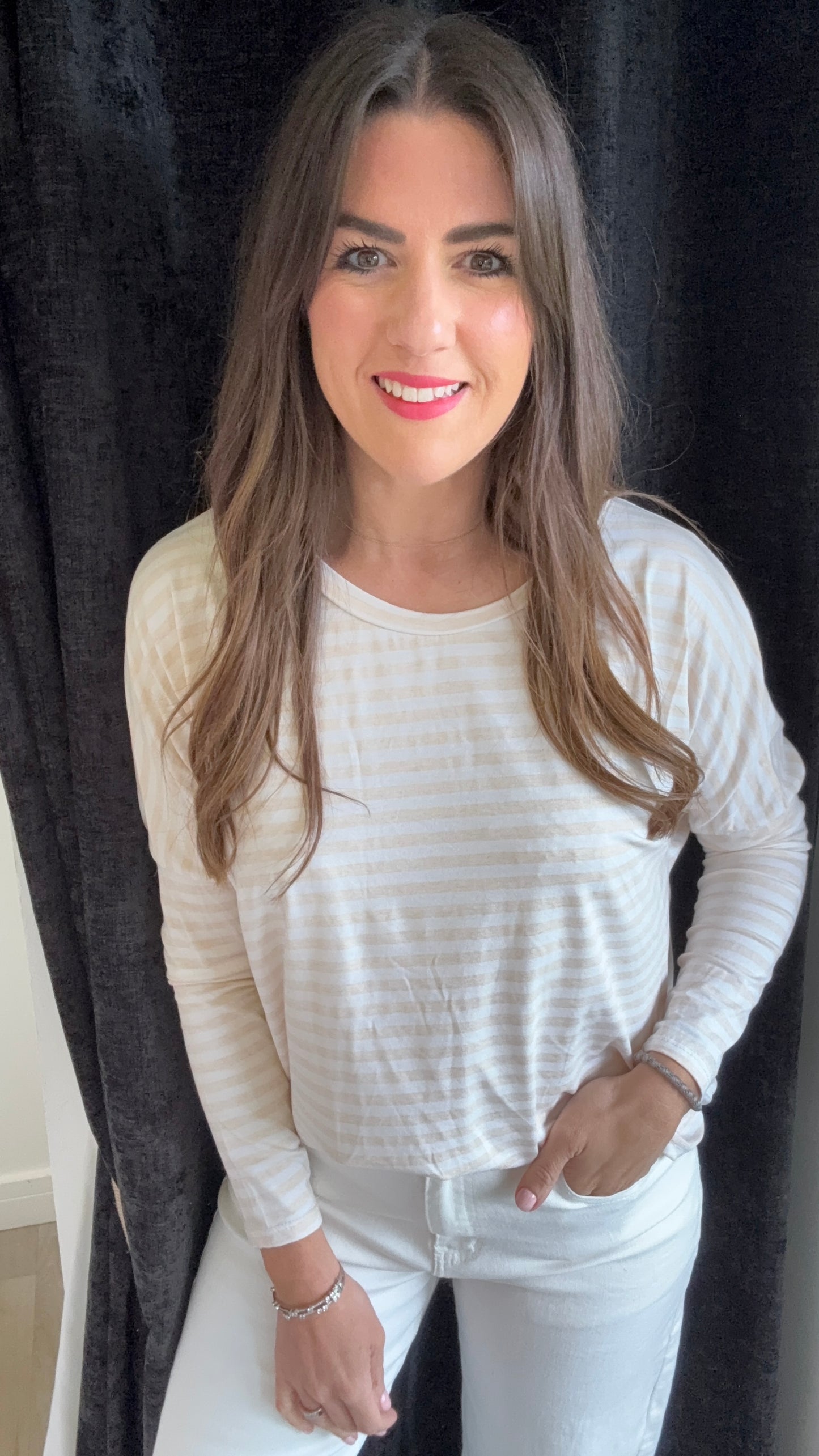 APRICOT AND WHITE BRETON STRIPE BATWING TOP