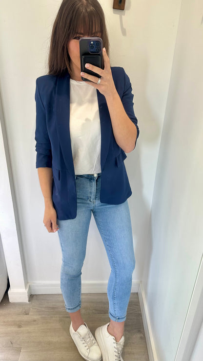 NAVY RUCHED SLEEVE BLAZER