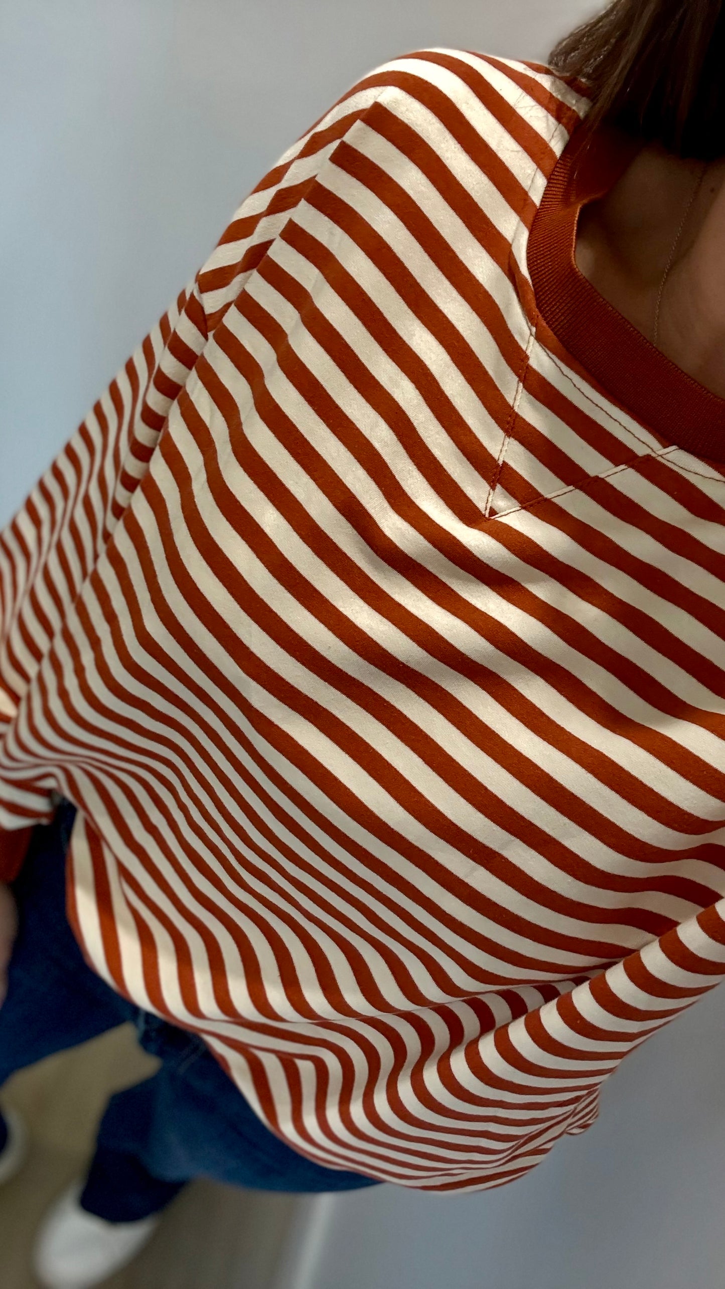 RUST AND CREAM STRIPE CREW SWEAT TOP