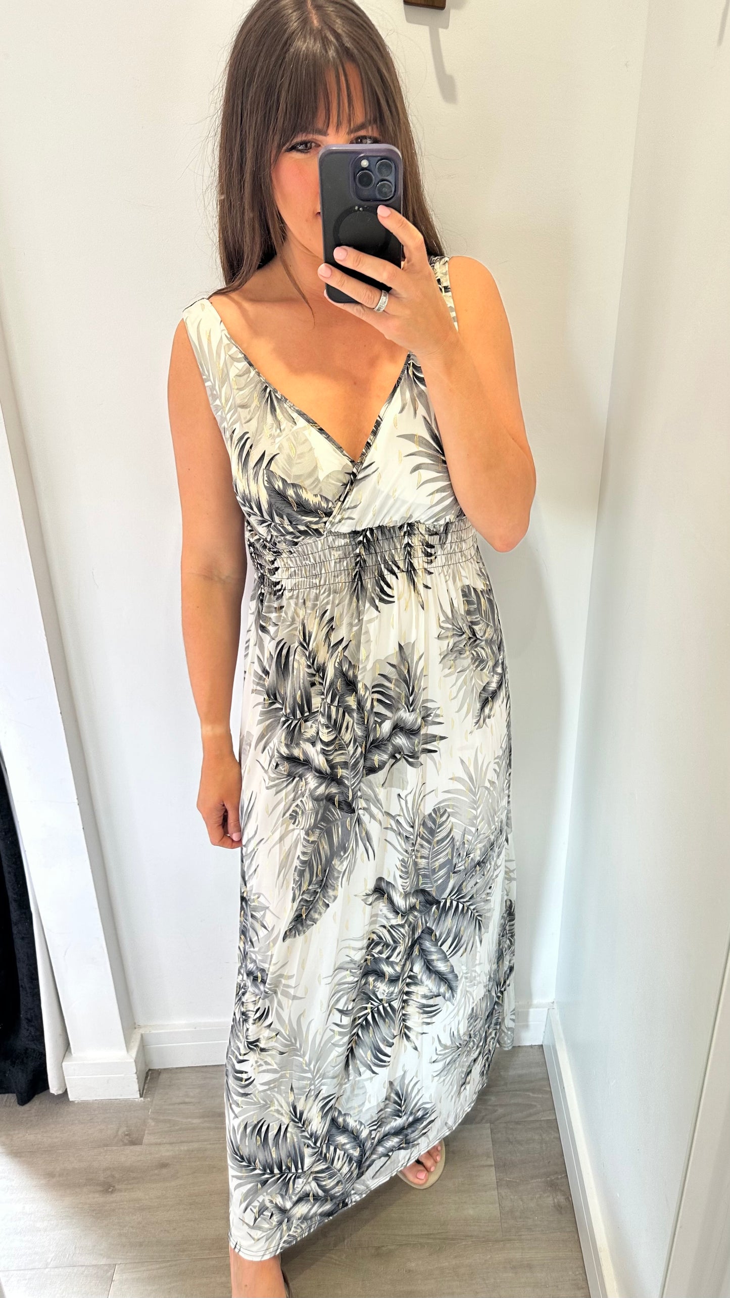 CHARCOAL PALM PRINT MAXI DRESS