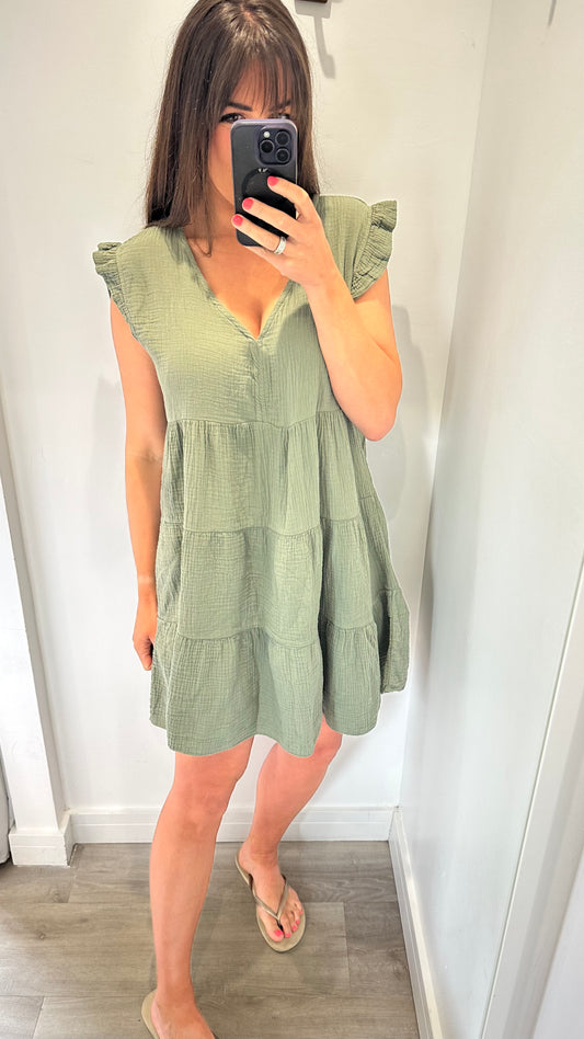 KHAKI V NECK TIERED CHEESECLOTH DRESS WITH FRILL SLEEVES