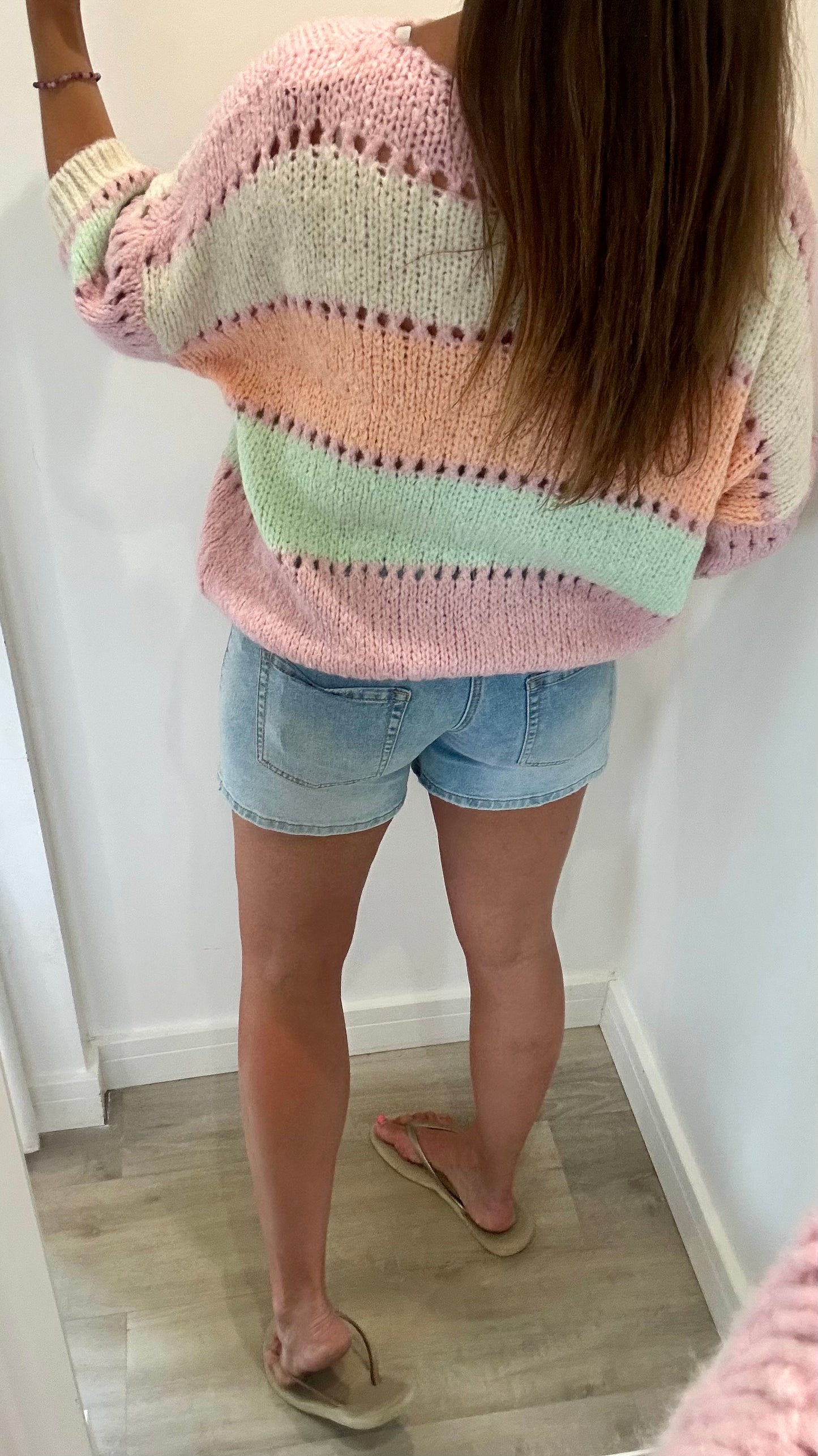 PASTEL COLOUR BLOCK CROCHET STYLE KNIT JUMPER