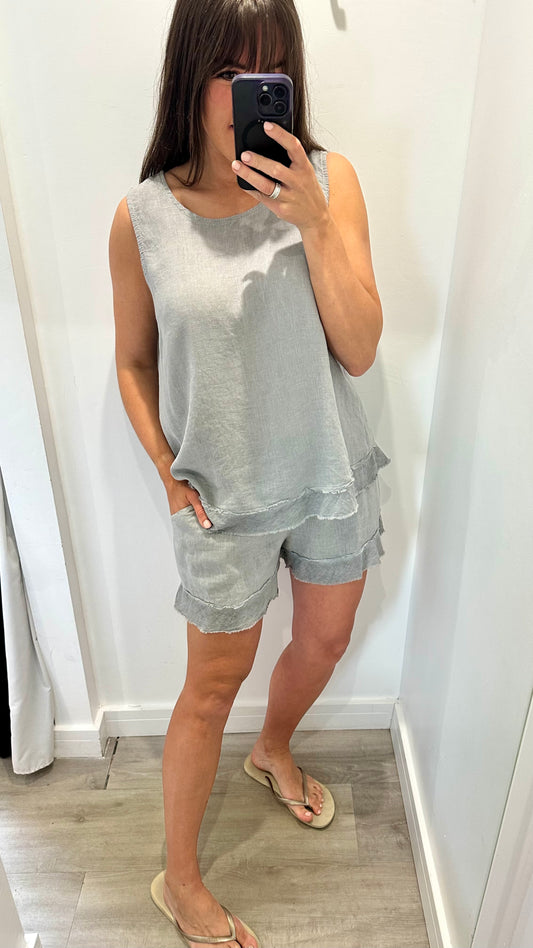 PALE GREY SLEEVELESS LINEN MIX TOP
