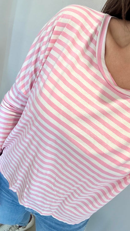 PINK AND WHITE BRETON STRIPE BATWING TOP