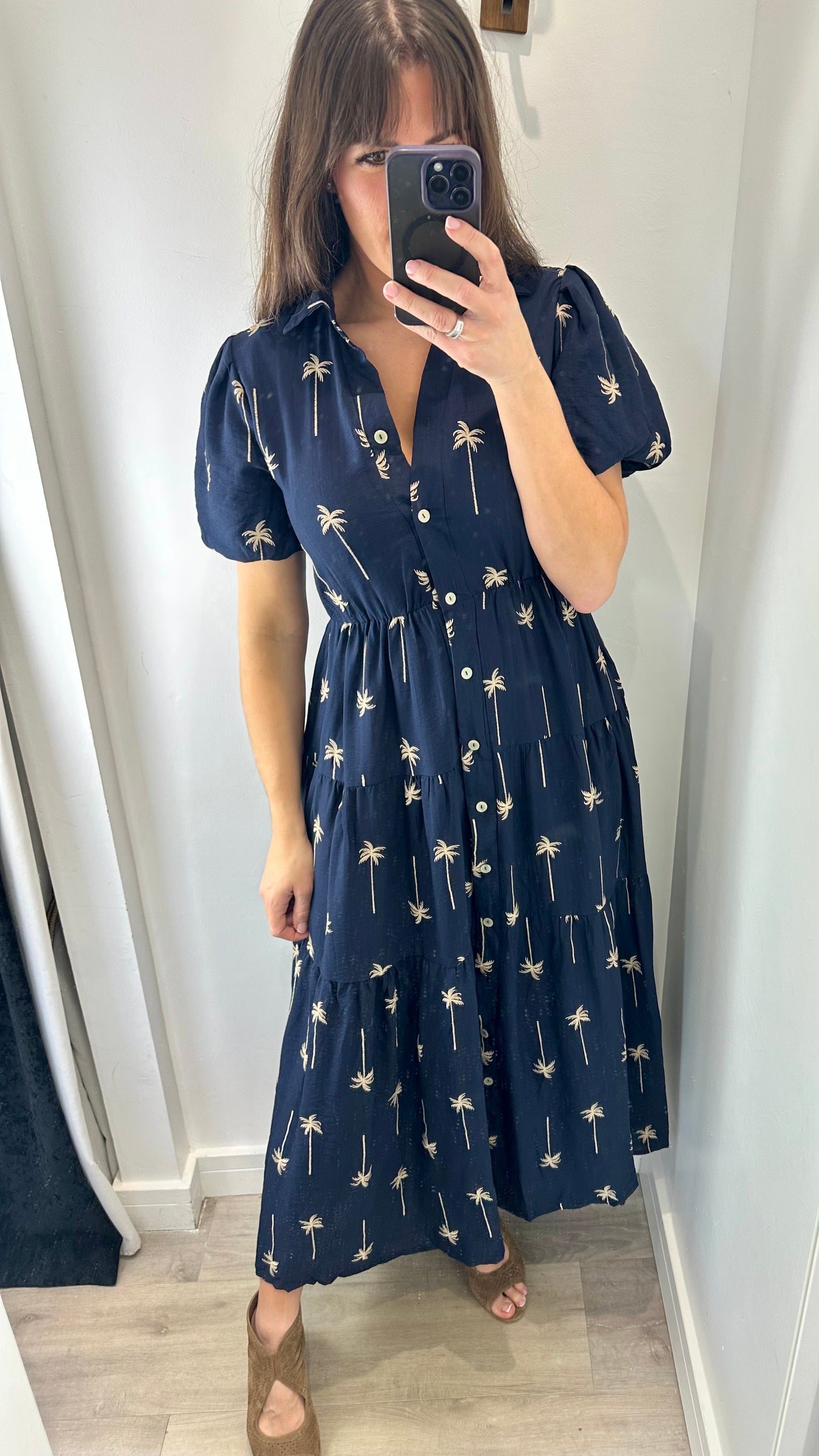 NAVY AND TAN PALM PRINT DRESS
